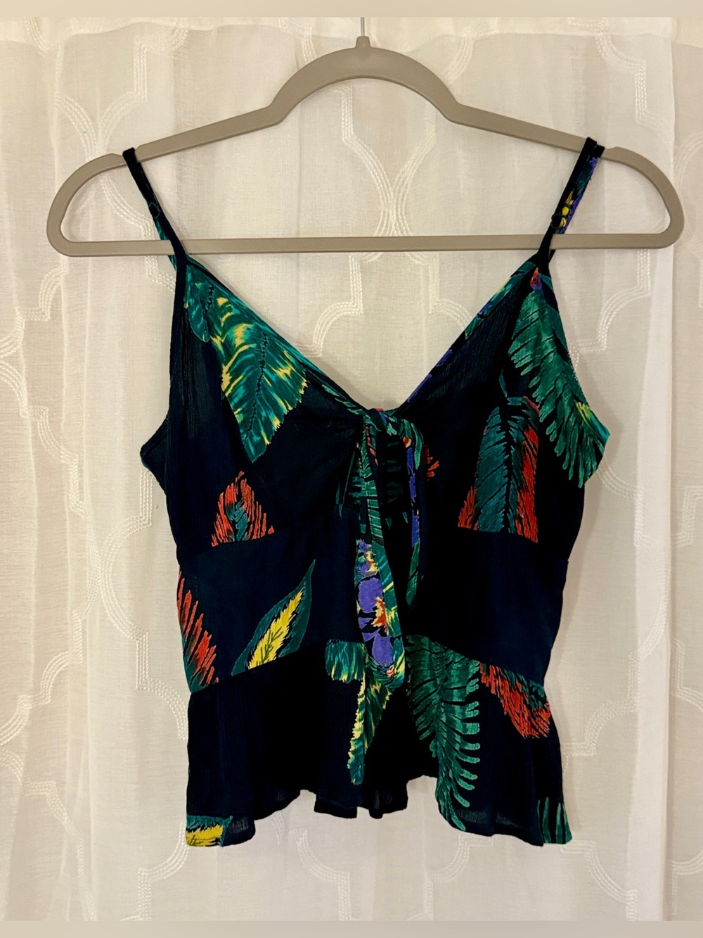 Patrons of Peace Small Navy Tropical Tie Front Peplum Cami